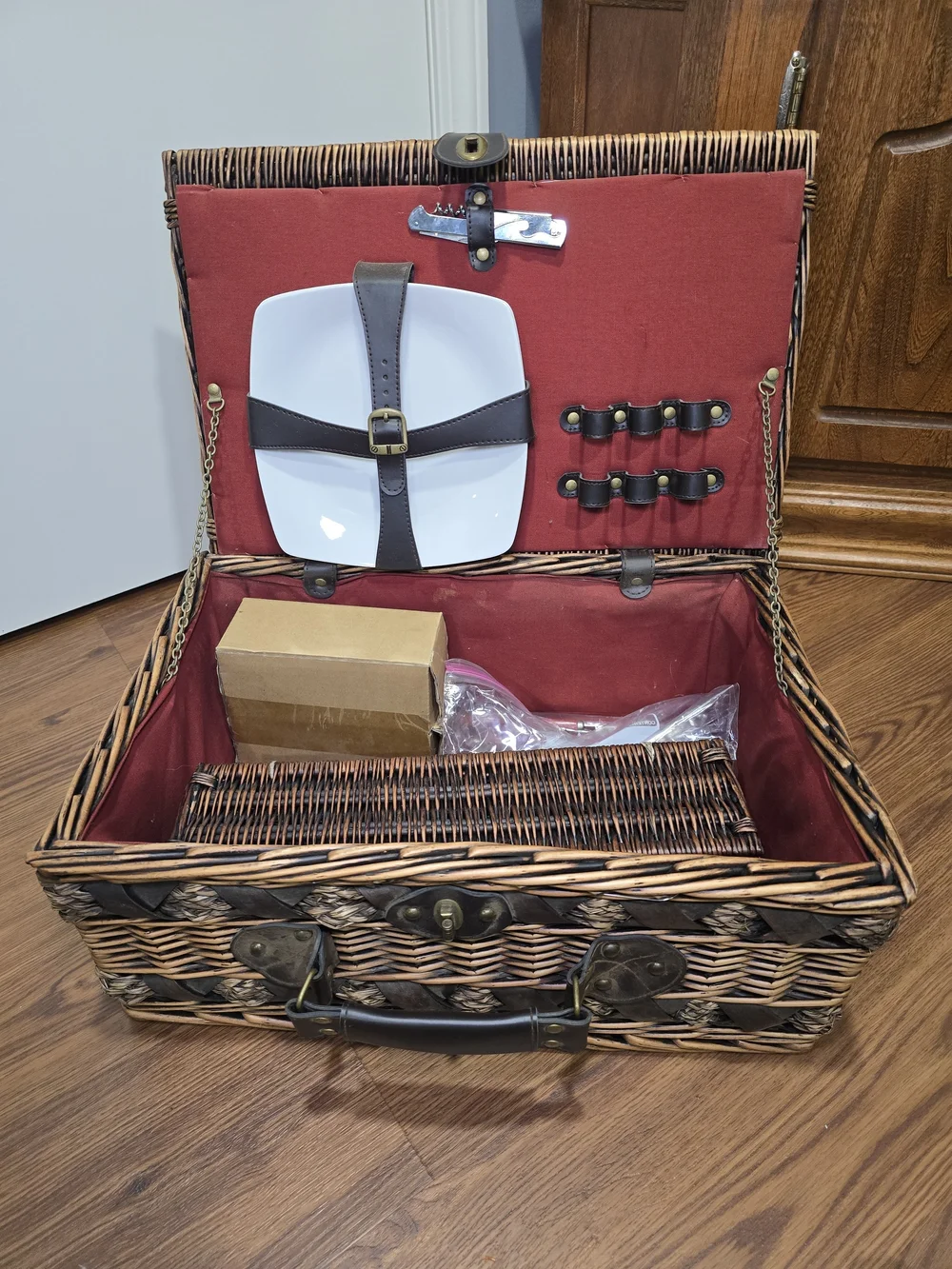 Woven Rattan Picnic Basket with Leather Handle - Brown